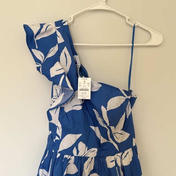 NWT J. Crew One Shoulder Blue White Floral Cotton Midi Dress - Picture 3 of 14